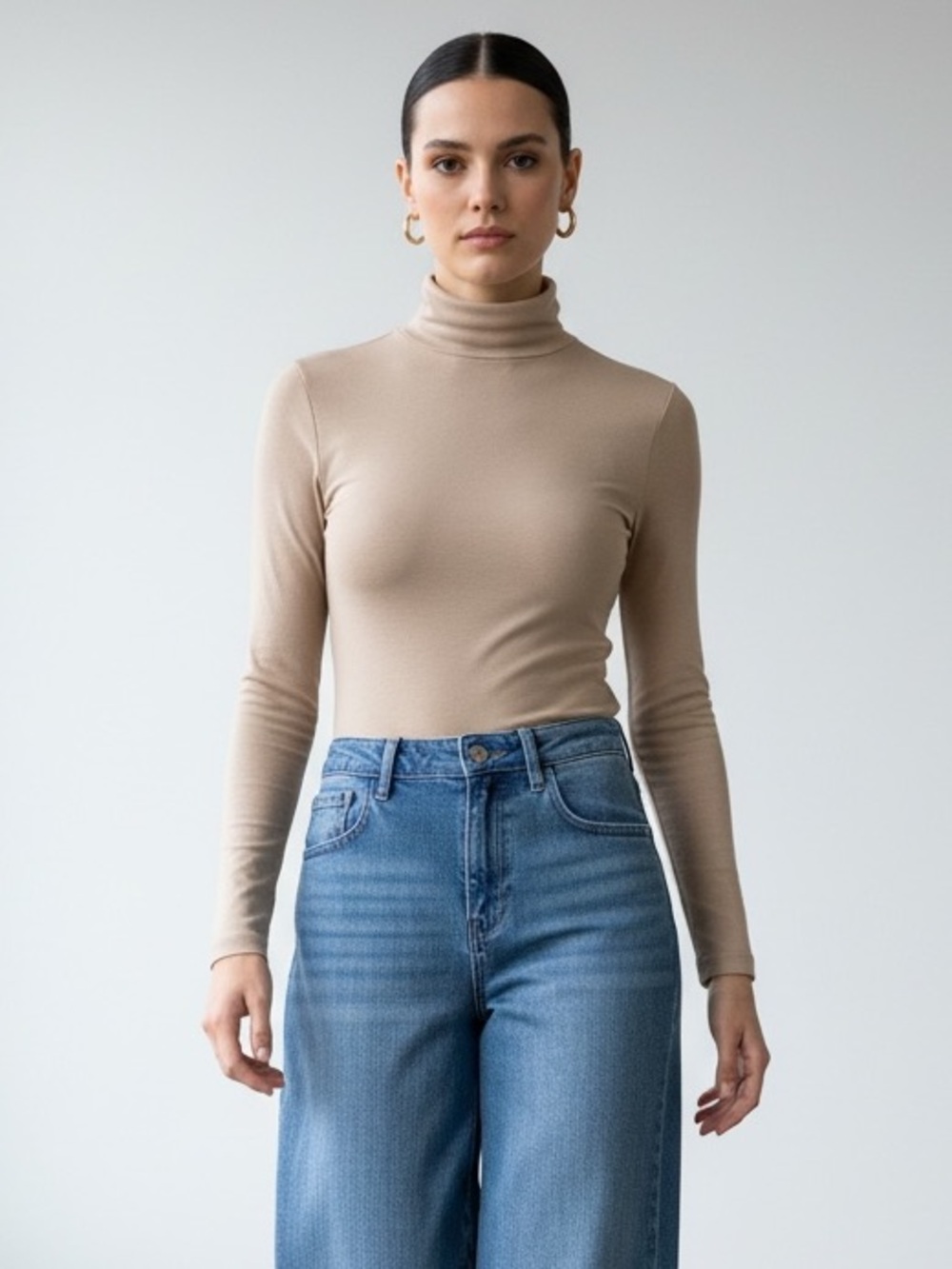 977 • Sand Beige Microfiber Butter Soft Stretch Mock Neck Long Sleeve Top